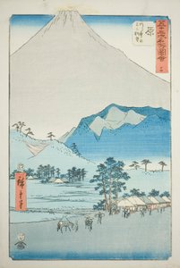 Hara: Utsikt över Ashitakabergen och berget Fuji (Hara, Ashitakayama Fuji chobo), nr. 14 från serien "Famous Sights of the Fifty-three Stations (Gojusan tsugi meisho zue)," även känd som Vertical Tokaido av Utagawa Hiroshige