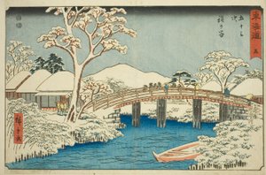 Hodogaya: Katabira River och Katabira Bridge (Hodogaya, Katabiragawa Katabirabashi) – nr 5, från serien "Fifty-three Stations of the Tokaido (Tokaido gojusan tsugi)," även känd som Reisho Tokaido av Utagawa Hiroshige
