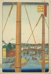 Inari B Ridge Draft d Port Shline, Teppo Figur (Teppo Figur Inari Bridge Minato Shrine)” av Utagawa Hiroshige