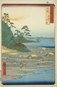Iwami-provinsen: Saltstränder nära Takatsu Hill (Iwami, Takatsuyama shiohama), från serien "Famous Places in the Sexty-odd Provinces (Rokujuyoshu meisho zue)" av Utagawa Hiroshige