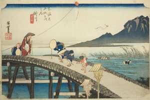 Kakegawa: Distant View of Mount Akiba (Kakegawa, Akibasan enbo), från serien "Fifty-three Stations of the Tokaido (Tokaido gojusan tsugi no uchi)," även känd som Hoeido Tokaido av Utagawa Hiroshige
