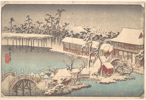 Snö på Kameido Tenmangūs område av Utagawa Hiroshige