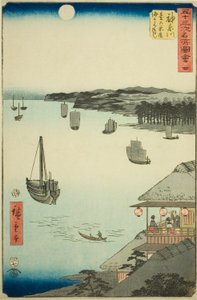 Kanagawa: Utsikt över havet från tehusen på kullen (Kanagawa, dai no chaya kaijo miharashi), nr. 4 från serien "Famous Sights of the Fifty-three Stations (Gojusan tsugi meisho zue)," även känd som Vertical Tokaido av Utagawa Hiroshige