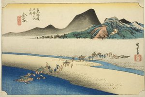 Kanaya: The Far Bank of the Oi River (Kanaya, Oigawa engan), från serien "Fifty-three Stations of the Tokaido Road (Tokaido gojusan tsugi no uchi)," även känd som Hoeido Tokaido av Utagawa Hiroshige
