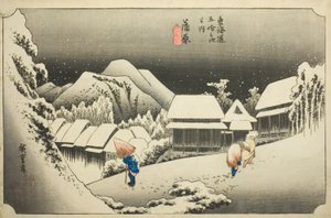 Kanbara: Evening Snow (Kanbara, yoru no yuki), från serien "Fifty-three Stations of the Tokaido (Tokaido gojusan tsugi no uchi)," även känd som Hoeido Tokaido av Utagawa Hiroshige