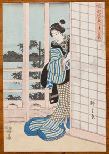 Kvinna stående på en veranda av Utagawa Hiroshige