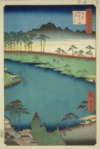 Kumano Junisha Shrine i Tsunohazu, populärt känd som Juniso (Tsunohazu Kumano Junisha, zokusho Juniso), från serien "One Hundred Famous Views of Edo (Meisho Edo hyakkei)" av Utagawa Hiroshige