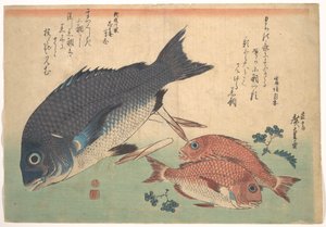 Kurodai- och Kodai-fiskar med bambuskott och bär, ur serien Uozukushi (Alla slags fiskar) av Utagawa Hiroshige