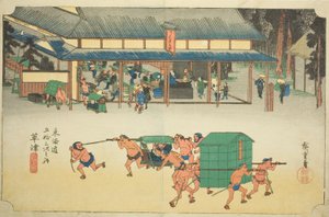 Kusatsu: Famous Post House (Kusatsu, Meibutsu tateba), från serien "Fifty-three Stations of the Tokaido (Tokaido gojusan tsugi no uchi)," även känd som Hoeido Tokaido av Utagawa Hiroshige