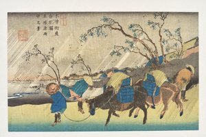 Kutsukake: Regn över Hiratsuka-slätten, ur serien ”Kisokaidōs 69 stationer” av Utagawa Hiroshige