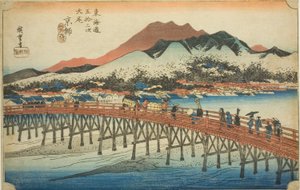 Kyoto: The Great Bridge at Sanjo (Keishi, Sanjo ohashi), från serien "Fifty-three Stations of the Tokaido (Tokaido gojusan tsugi no uchi)," även känd som Hoeido Tokaido av Utagawa Hiroshige