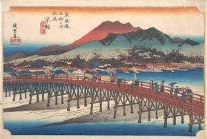 Kyoto: Stora bron vid Sanjō (Taibi, Keishi, Sanjō Ōhashi), ur serien Tōkaidōs femtiotre stationer (Tōkaidō gojūsan tsugi) av Utagawa Hiroshige