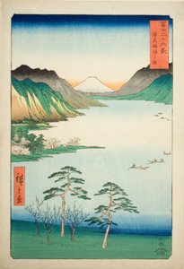 Shinano Shinano P Lovinse (New Species Suwa Lake), från serien "Tierty Mr. x Views Of Mount Fuji (Fuji Usa Kotobuki Rokukatsu)" av Utagawa Hiroshige