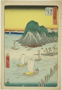 Maisaka: Färjor som korsar havet vid Imagiri (Maisaka, Imagiri kaijo funewatashi), nr. 31 från serien "Famous Sights of the Fifty-three Stations (Gojusan tsugi meisho zue)," även känd som Vertical Tokaido av Utagawa Hiroshige
