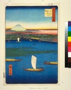 Sumpig ö utanför Sumida-flodens mynning, med Edo och Fuji i fjärran, ca 1857, (färgsnitt)