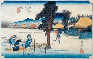 Minakuchi: berömd produktion av Kampyo, från serien "Fifty-three Stations on the Tokaido", ca 1834-35 (träblock i färg)