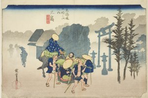 Mishima: Morning Mist (Mishima, asagiri), från serien "Fifty-three Stations of the Tokaido Road (Tokaido gojusan tsugi no uchi)," även känd som Hoeido Tokaido av Utagawa Hiroshige