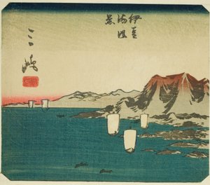 Mishima, sektion av ark nr. 3 från serien "Utklippta bilder av Tokaido (Tokaido harimaze zue)" av Utagawa Hiroshige