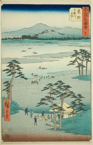 Mitsuke: Färja på Tenryu River (Mitsuke, Tenryugawa funewatashi), nr 29 från serien "Famous Sights of the Fifty-three Stations (Gojusan tsugi meisho zue)," även känd som Vertical Tokaido av Utagawa Hiroshige