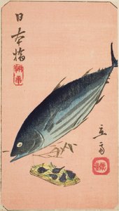 Morning Market at Nihon Bridge (Nihonbashi, asaichi), section of a sheet from the series "Cutouts of Famous Places in Edo (Harimaze Koto meisho)" av Utagawa Hiroshige