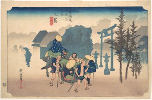 Morgondimma vid Mishima av Utagawa Hiroshige
