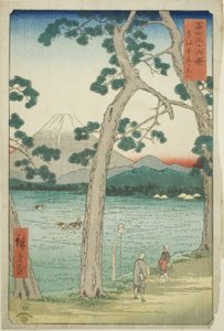 Mout Fuji sett från vänster på Tokaido (Tokaido hidari Fuji), från serien "Trettiosex utsikter över berget Fuji (Fuji sanjurokkei)" av Utagawa Hiroshige