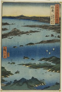 Mutsu-provinsen: Utsikt över Matsushima med en avlägsen utsikt över berget Tomi (Mutsu, Matsushima fukei, Tomiyama chobo no ryakuzu), från serien "Berömda platser i de sextiotal provinserna (Rokujuyoshu meisho zue)" av Utagawa Hiroshige