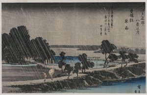 Night Rain at the Azuma Shrine (från serien Eight Views of the Environs of Edo) av Utagawa Hiroshige