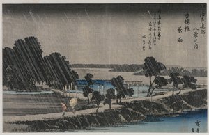Night Rain at the Azuma Shrine från serien Eight Views of the Environs of Edo, mitten av 1830-talet. av Utagawa Hiroshige