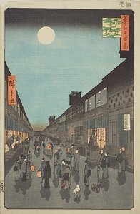 Nattvy över Saruwaka-machi (Saruwaka-machi yoru no kei), nr 90 från serien "Hundra berömda vyer över Edo (Meisho Edo hyakkei)" av Utagawa Hiroshige