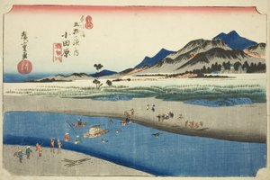 Odawara: The Sakawa River (Odawara, Sakawagawa), från serien "Fifty-three Stations of the Tokaido Road (Tokaido gojusan tsugi no uchi)," även känd som Hoeido Tokaido av Utagawa Hiroshige