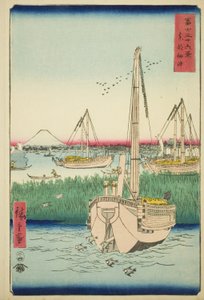 Utanför Tsukuda Island i den östra huvudstaden (Toto Tsukuda oki), från serien "Thirty-six Views of Mount Fuji (Fuji sanjurokkei)" av Utagawa Hiroshige