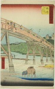 Okazaki: Yahagi Bridge on the Yahagi River (Okazaki, Yahagigawa Yahagi no hashi), nr 39 från serien "Famous Sights of the Fifty-three Stations (Gojusan tsugi meisho zue)," även känd som Vertical Tokaido av Utagawa Hiroshige