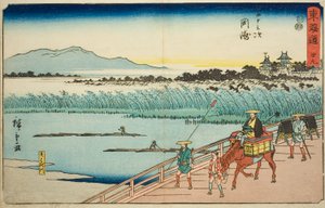 Okazaki: Yahagi River (Okazaki, Yahagigawa)—Nr 39, från serien "Fifty-three Stations of the Tokaido (Tokaido gojusan tsugi)," även känd som Reisho Tokaido av Utagawa Hiroshige