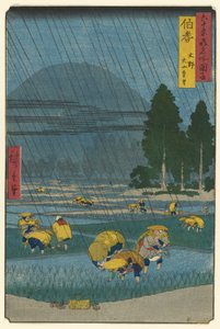 Ono, avlägsen utsikt över berget Daisen i Hoki-provinsen (Hoki, Ono, Daisen enbo), från serien "Famous Places in the Sexty-odd Provinces (Rokujuyo-shu meisho zue)" av Utagawa Hiroshige