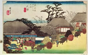Otsu, illustration från "Fifty Three Stations of the Tokaido Road", pub. av Takenouchi Magohachi, ca 1831-4 (färgat träblock)