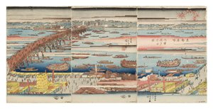 Panorama av en sommarkväll vid Ryogoku-bron, ca 1832-34 (träsnitt)