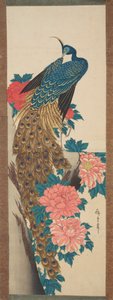 Påfågel och pionblommor av Utagawa Hiroshige