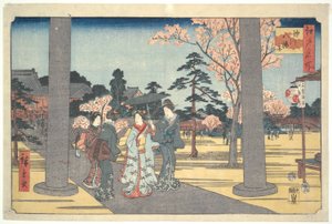 Människor som besöker Hachiman Shrine: One Hundred Famous Views of Edo av Utagawa Hiroshige
