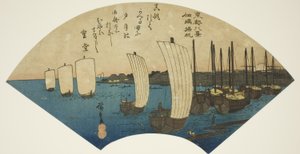 Returning Sails at Tsukudajima (Tsukudajima kihan), från serien "Eight Views of the Eastern Capital (Toto hakkei)" av Utagawa Hiroshige