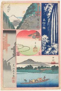 Ryōben-zan på hösten, Färjan vid Tamura, Morgondimma vid Ōyama-helgedomen, Berg och dal, Souvenir från Koyasu av Utagawa Hiroshige