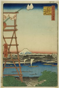 Ryogoku Ekoin och Moto-Yanagi Bridge (Ryogoku Ekoin Moto-Yanagibashi), från serien "Hundra berömda vyer över Edo (Meisho Edo hyakkei)" av Utagawa Hiroshige