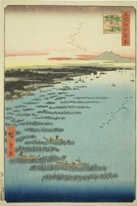 Samezu core st members th Shinagawa (södra Shinagawa Samezu kusten), från serien "Ridge d re d f s views f Edo (känd plats 100 views of Edo)" av Utagawa Hiroshige