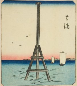 Shibaura, avsnitt av ett ark från serien "Utklippta bilder av berömda platser i Edo (Edo meisho harimaze zue)" av Utagawa Hiroshige
