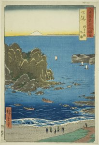 Shimosa Province: The Outer Bay at Choshi Beach (Shimosa, Choshi no hama Toura), från serien "Famous Places in the Sexty-odd Provinces (Rokujuyoshu meisho zue)" av Utagawa Hiroshige