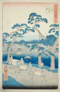 Shono: Forntida plats för Shiratori-högen (Shono, Shiratorizuka koseki), nr. 46 från serien "Famous Sights of the Fifty-three Stations (Gojusan tsugi meisho zue)," även känd som Vertical Tokaido av Utagawa Hiroshige