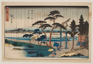 Regnskur på en vall vid Sumidafloden, ur serien ”Nytt urval av berömda platser i Edo” av Utagawa Hiroshige