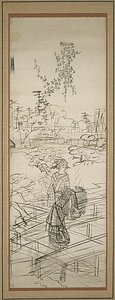 Skiss av kvinna som korsar bro av Utagawa Hiroshige