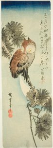 Småhornsuggla, tall och halvmåne av Utagawa Hiroshige