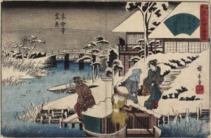 Snöplats vid Mokubo-ji-templet och restaurangen Uekiya, ca. 1835-1842